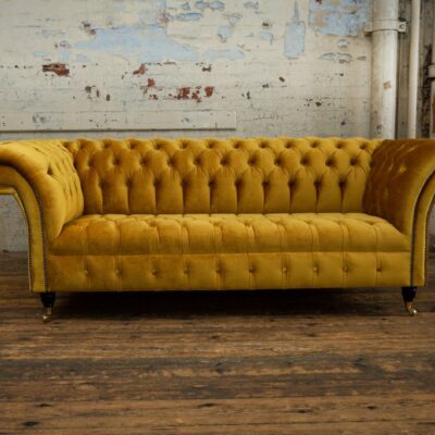 Luxury British Chesterfield Sofa – Mustard Velvet 3-Seater